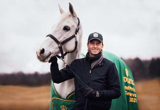 Martin Fuchs und sein Erfolgsschimmel Leone Jei, mit dem er 2021 den Rolex Grand Prix in Genf gewinnen konnte. Foto: CHIO Aachen/Jil Haak