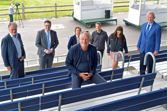 They presented the concept in the Main Stadium of the CHIO Aachen (f.t.l.): Frank Kemperman, Dr. Tim Grüttemeier, Gero Körner, Uwe Brandt, Martin Theißen (eventac Veranstaltungstechnik), Marga Render and Carl Meulenbergh. Photo: CHIO Aachen/ Holger Schupp