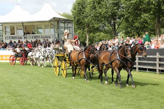 Zwei Vierspänner der traditionellen Anspannungen mit ihren Traditionskutschen in zeitgenössischer Kleidung im Fahrstadion