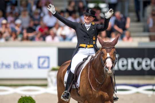 Isabell Werth and Bella Rose in the Deutsche Bank Stadium in Aachen. 