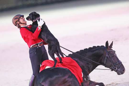 Das Foto zeigt Schäferin und Tiertrainerin Anne Krüger-Degener bei ihrem Auftritt im Deutsche Bank Stadion bei "Pferd & Sinfonie" 2017 (Foto: CHIO Aachen/ Andreas Steindl).