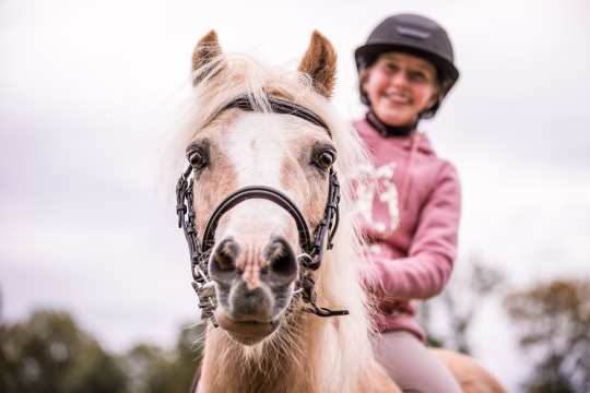 Das Bild zeigt ein Mädchen in pinkem Pullover mit CHIO Logo auf seinem hellen Pony sitzend.