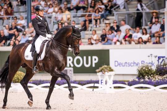 Das Foto zeigt die Reiterin Ingrid Klimke auf ihrem braunen Pferd im Deutsche Bank Stadion im Trab.