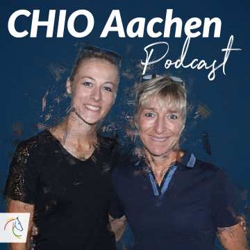 Cover des CHIO Aachen Podcasts mit Ingrid Klimke und Greta Busacker in einem malerischen Stil