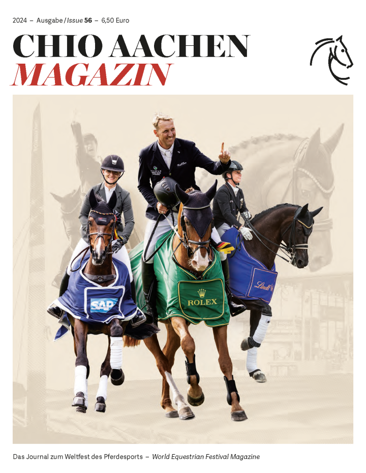Cover des CHIO Aachen Magazins Nr. 56 mit Andre Thieme und Chakaria, den Siegern des Rolex Grand Prix; Julia Krajewski und Nickel 21, den Siegern des SAP-Cups und Isabell Werth und Wendy de Fontaine, den Siegern des Lindt-Preises.
