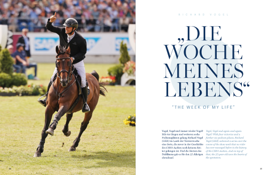 Ausschnitt aus dem CHIO Aachen Magazin Nr. 56 zu Richard Vogel mit der Überschrift Die Woche meines Lebens: "Vogel, Vogel und immer wieder Vogel! Mit vier Siegen und weiteren sechs Podiumsplätzen gelang Richard Vogel (GER) im Laufe der Turnierwoche eine Serie, die zuvor in der Geschichte des CHIO Aachen noch keinem Reiter gelungen ist. Und die Herzen des Publikums gab es für den 27-Jährigen obendrauf."