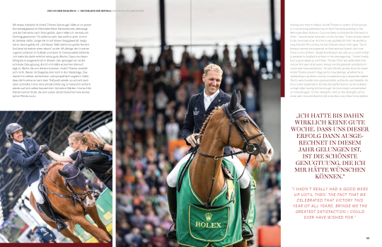 Ausschnitt aus dem CHIO Aachen Magazin Nr. 56 zum Rolex Grand Prix Sieger Andre Thieme mit Zitat: "Ich hatte bis dahin wirklich keine gute Woche. Dass uns dieser Erfolg dann ausgerechnet in diesem Jahr gelungen ist, ist die schönste Genugtuung, die ich mir hätte wünschen können."