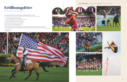 Ausschnitt aus dem CHIO Aachen Magazin Nr. 56 mit Eindrücken der Eröffnungsfeier. Die Kollage an Bildern zeigt einen Cowboy und seinen Mustang mit einer großen USA Fahne, Footballer und die Cheerleader der Rhine Fire Düsseldorf mit der US-Nationalmannschaft "USA Cheer", Country-Sänger Danny Griego und Offroad-Kjörer, wo zwei Skater mit Offroad Skates Hindernisse überwinden während sie sich von einem berittenen Pferd ziehen lassen.