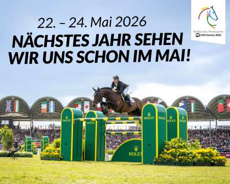 Grafik: TSCHIO Aachen 2026, 22. - 24. Mai, Nächstes Jahr sehen wir uns schon im Mai! Marcus Ehning und Stargold über dem Rolex Oxer in der Mitte des Hauptstadions