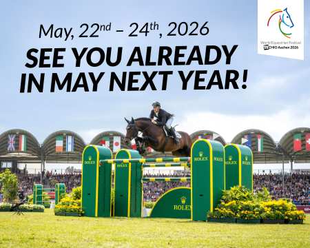 Graphic: TSCHIO Aachen 2026, May 22nd - 24th, See you next year in May! Marcus Ehning and Stargold over the Rolex Oxer in the middle of the Main Stadium