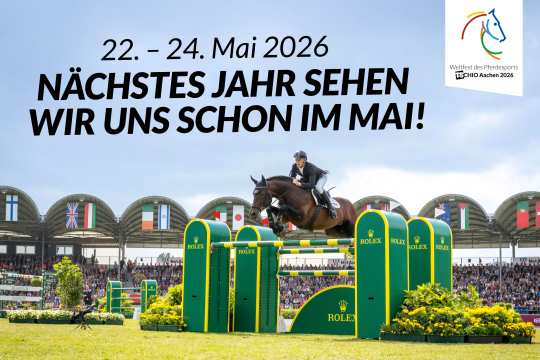 Grafik: TSCHIO Aachen 2026, 22. - 24. Mai, Nächstes Jahr sehen wir uns schon im Mai! Marcus Ehning und Stargold über dem Rolex Oxer in der Mitte des Hauptstadions