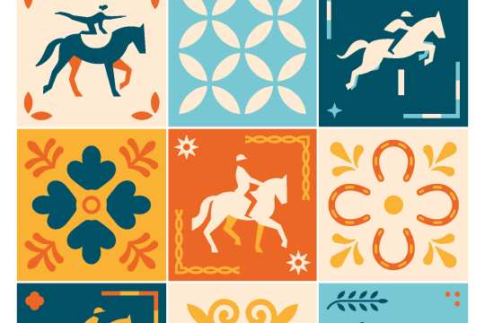 The cover of the CHIO Aachen Magazine 2025 (issue 57) shows a modern, colourful mosaic of nine square fields. The motifs are in the style of tiles or ornaments and represent various equestrian disciplines: show jumping, dressage, eventing, driving and vaulting. The illustrations show stylised horses and riders in action, surrounded by floral and geometric patterns in the colours blue, turquoise, orange and yellow. At the top is the title ‘CHIO AACHEN MAGAZINE’ in large, black and yellow letters, next to the horse's head of the CHIO Aachen logo. At the bottom is the note: ‘Das Journal zum Weltfest des Pferdesports — World Equestrian Festival Magazine’.