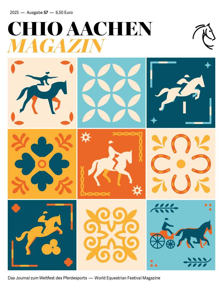 The cover of the CHIO Aachen Magazine 2025 (issue 57) shows a modern, colourful mosaic of nine square fields. The motifs are in the style of tiles or ornaments and represent various equestrian disciplines: show jumping, dressage, eventing, driving and vaulting. The illustrations show stylised horses and riders in action, surrounded by floral and geometric patterns in the colours blue, turquoise, orange and yellow. At the top is the title ‘CHIO AACHEN MAGAZINE’ in large, black and yellow letters, next to the horse's head of the CHIO Aachen logo. At the bottom is the note: ‘Das Journal zum Weltfest des Pferdesports — World Equestrian Festival Magazine’.