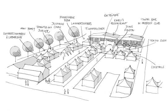 Black and white drawing of the tents in the ‘Soerser Biergarten’; on the left in the row are Kaiserschmarrn & Leberkäse, Fat Baby, Pfantissimo Bruger, Dschingis Chan, Mundschenk Pizza and Lammerskötter; ahead are the large tents Karli's Restaurant and the Tapas Bar in the Paddock Club; in front of them you can find Flammkuchen, drinks, Dinos Pasta, Tokyo Sushi and cocktails.