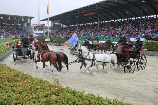 Several four-horse carriages drive through a water obstacle in the main stadium, while numerous spectators watch the action from the covered stands. The scene is characterised by a wonderful atmosphere, with flags and ribbons decorating the horses and carriages.