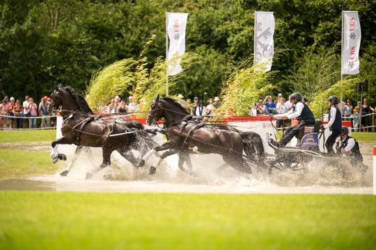 A four-in-hand driver drives at high speed through a water obstacle on a green meadow. The four dark horses splash up water, while the coachman and two companions on the carriage concentrate on their work. Spectators stand in the background and white UBS flags wave in the wind.