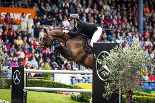 A show jumper in a black jacket and white breeches jumps with a brown horse over an obstacle with the Mercedes-Benz logo. In the background, numerous spectators sit in the stands, some wearing rain gear.
