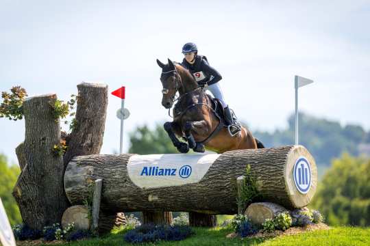 Eine Reiterin springt mit einem braunen Pferd über ein großes Hindernis aus Baumstämmen, das mit dem Allianz-Logo versehen ist. Das Hindernis ist mit Blumen und kleinen Pflanzen dekoriert, links steht ein Baumstumpf mit Ästen. Im Hintergrund sind grüne Hügel und Bäume unter blauem Himmel zu sehen.