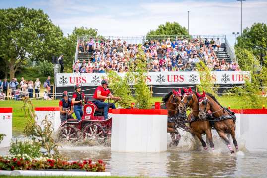 A four-in-hand drives through a water obstacle at a driving competition. The coachman and his two team members are wearing red shirts and helmets. The four brown horses with red bonnets over their ears gallop through the water. In the background, numerous spectators sit on grandstands with UBS boards visible. The scene is surrounded by trees and bushes.