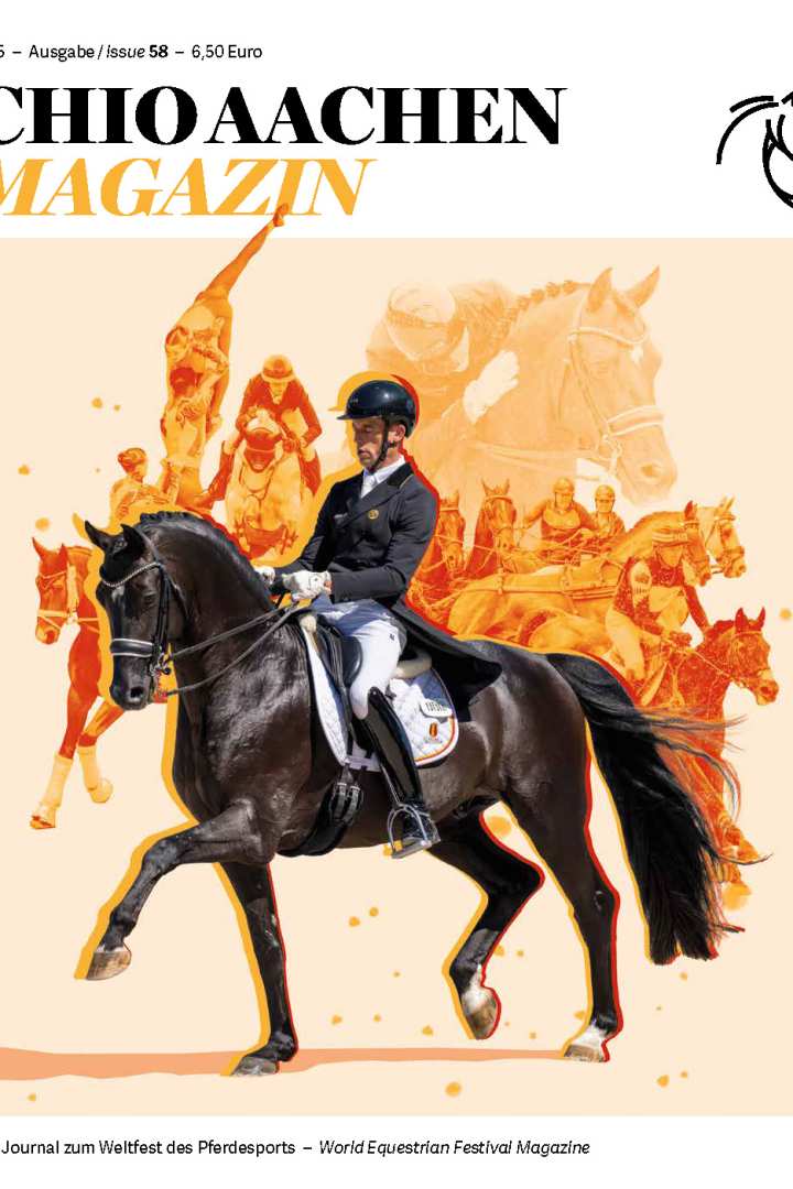 Cover picture of the CHIO Aachen Magazine 2025, issue 58, with a person in competition attire riding a black dressage horse in the foreground. In the background, illustrations of riders, horses and sporting scenes can be seen in orange. The title and logo are at the top, with the words „Das Journal zum Weltfest des Pferdesports – World Equestrian Festival Magazine“ at the bottom.