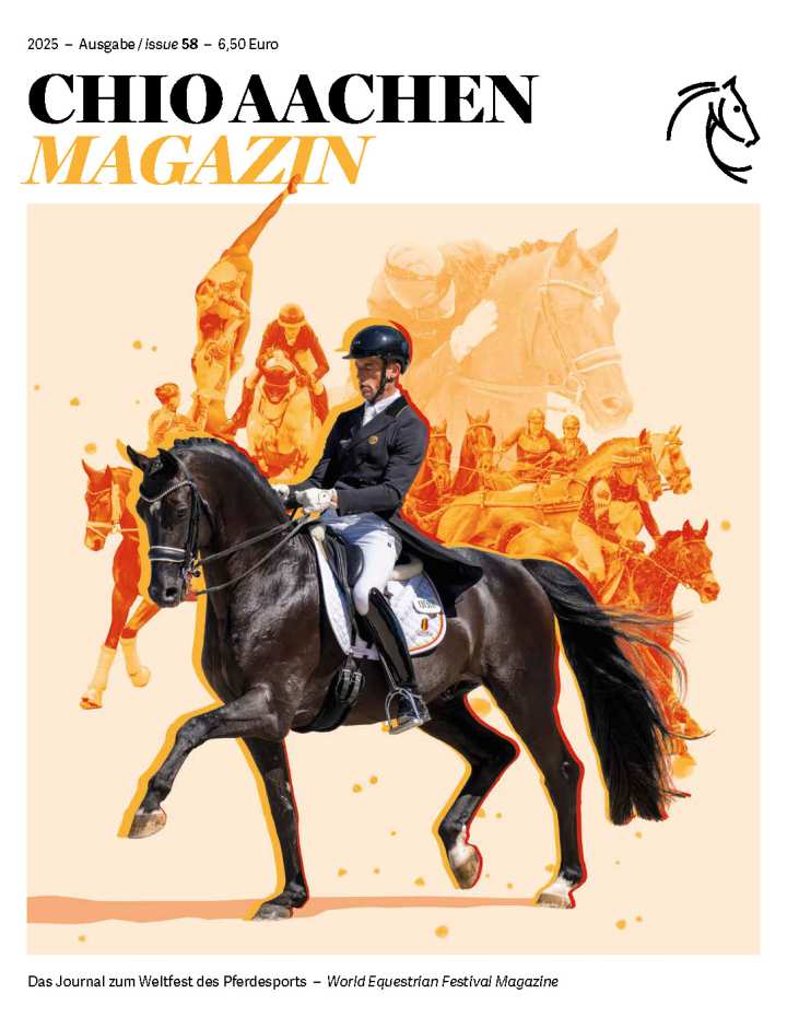 Titelbild des CHIO Aachen Magazin 2025, Ausgabe 58. Im Vordergrund reitet eine Person in Turnierkleidung auf einem schwarzen Dressurpferd. Im Hintergrund sind in orange Illustrationen von Reitern, Pferden und sportlichen Szenen zu sehen. Oben stehen Titel und Logo, unten der Hinweis „Das Journal zum Weltfest des Pferdesports – World Equestrian Festival Magazine“.