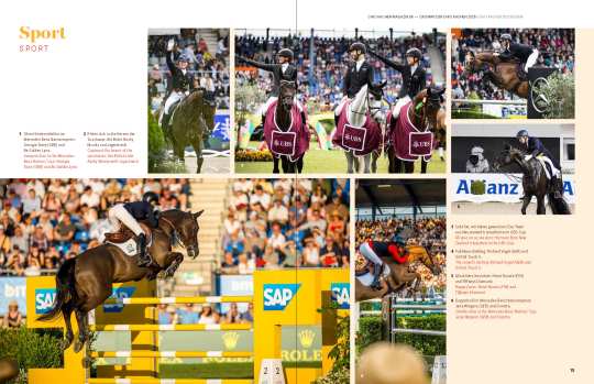 Magazin-Doppelseite mit dem Titel „Sport“ zeigt verschiedene Fotos von Reiterinnen und Reitern beim CHIO Aachen. Zu sehen sind Dressur- und Springreiterinnen im Wettkampf, die Siegerehrung des Teams Neuseeland mit Pferden in UBS-Siegerdecken sowie eine glücklich winkende Becky Moody nach einer erfolgreichen Prüfung. Im Hintergrund sind volle Tribünen und Sponsorenbanner wie SAP, Allianz und Rolex sichtbar.