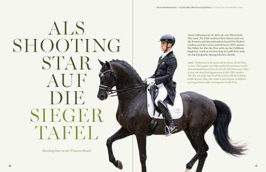 Magazin-Doppelseite mit der Überschrift „Als Shooting Star auf die Sieger Tafel“. Rechts reitet ein Dressurreiter in schwarzer Turnierkleidung auf einem eleganten schwarzen Pferd mit weißer Schabracke. Rechts steht eine Beschreibung über Justin Verboomen und sein Pferd Zonik Plus, die ihrem CHIO Aachen Debüt den Lindt-Preis gewinnen konnten.