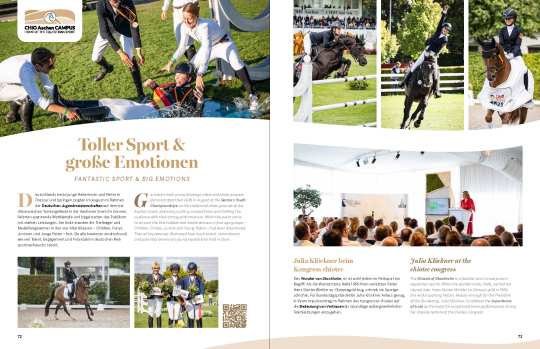 Magazin-Doppelseite mit dem Titel „Toller Sport & große Emotionen“. Die Seite zeigt mehrere Fotos von jungen Reiterinnen und Reitern bei der Deutschen Jugendmeisterschaft in Dressur und Springen beim CHIO Aachen CAMPUS. Zu sehen sind sportliche Wettkampfszenen, eine Siegerehrung mit Medaillen, jubelnde Reiter und ein Vortrag von Julia Klöckner beim chiotec Kongress vor Publikum.