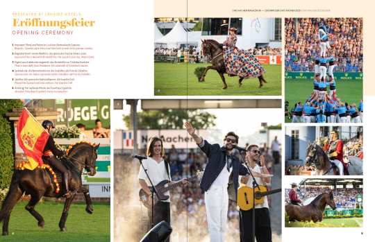 Magazin-Doppelseite zur Eröffnungsfeier des CHIO Aachen 2025. Links oben steht der Titel „Eröffnungsfeier – Opening Ceremony“. Die Seite zeigt mehrere Fotos: ein Pferd und eine Reiterin im farbenprächtigen spanischen Kostüm, einen Reiter mit spanischer Flagge, eine Band auf der Bühne, eine menschliche Pyramide, einen Reiter in Uniform auf einem Schimmel und ein frei laufendes Pferd in der Arena. Im Hintergrund sind Zuschauertribünen zu sehen.