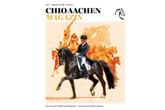 Titelbild des CHIO Aachen Magazin 2025, Ausgabe 58. Im Vordergrund reitet eine Person in Turnierkleidung auf einem schwarzen Dressurpferd. Im Hintergrund sind in orange Illustrationen von Reitern, Pferden und sportlichen Szenen zu sehen. Oben stehen Titel und Logo, unten der Hinweis „Das Journal zum Weltfest des Pferdesports – World Equestrian Festival Magazine“.