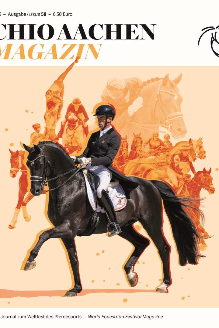 Titelbild des CHIO Aachen Magazin 2025, Ausgabe 58. Im Vordergrund reitet eine Person in Turnierkleidung auf einem schwarzen Dressurpferd. Im Hintergrund sind in orange Illustrationen von Reitern, Pferden und sportlichen Szenen zu sehen. Oben stehen Titel und Logo, unten der Hinweis „Das Journal zum Weltfest des Pferdesports – World Equestrian Festival Magazine“.