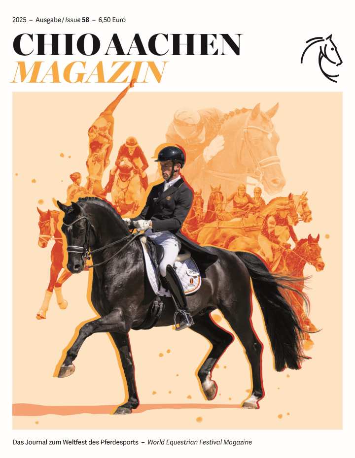 Cover picture of the CHIO Aachen Magazine 2025, issue 58, with a person in competition attire riding a black dressage horse in the foreground. In the background, illustrations of riders, horses and sporting scenes can be seen in orange. The title and logo are at the top, with the words „Das Journal zum Weltfest des Pferdesports – World Equestrian Festival Magazine“ at the bottom.