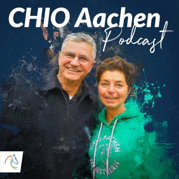 Cover image of the CHIO Aachen podcast with Otto Becker and Monica Theodorescu. A man and a woman are seen in front of an artistically designed blue background. The person on the left is wearing a dark jacket, the person on the right a turquoise hoodie with the inscription “CHIO Aachen Equestrian.” At the top is “CHIO Aachen Podcast” in white lettering, and at the bottom left is the colorful CHIO Aachen logo with a horse's head.