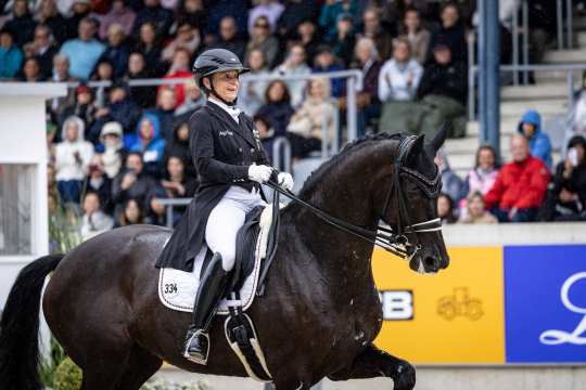 Eine Dressurreiterin in schwarzer Turnierkleidung und Helm reitet ein elegantes schwarzes Pferd mit weißer Schabracke auf einer Sandarena. Im Hintergrund sind Zuschauer auf der Tribüne und ein gelbes Sponsorenbanner zu sehen. Die Szene spielt offenbar bei leichtem Regen.