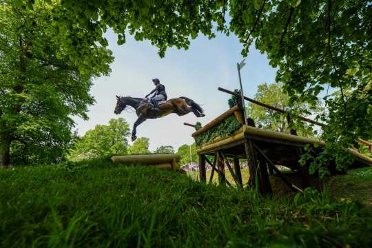 An eventing rider wearing a helmet is jumping over a large, solid wooden cross-country obstacle on a dark-coloured horse; the scene is shot from a low-angle perspective and framed by green trees, with spectators standing in the background.